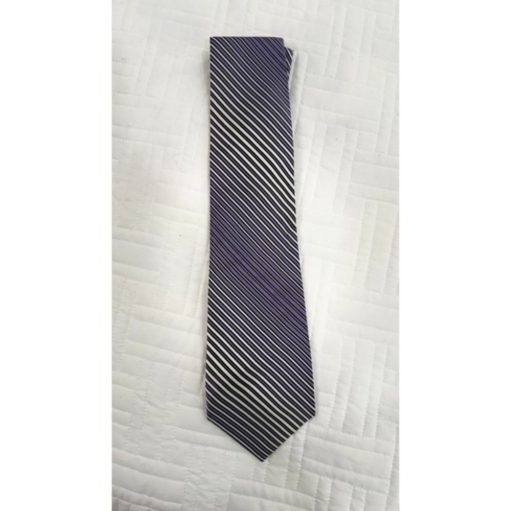 Lugano Italia Mens Silk Necktie Purple Black White Diagonal‎ Striped Hand Made